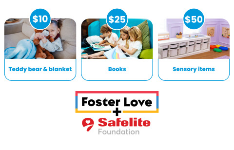Graphic illustrating what donations from Foster Love and Safelite foundation can support: $10 for teddy bear and blanket, $25 for books, $50 for sensory items.